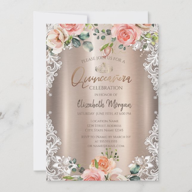 Invitation Fleurs Chic, Dentelle, Tiara Quinceañera (Devant)