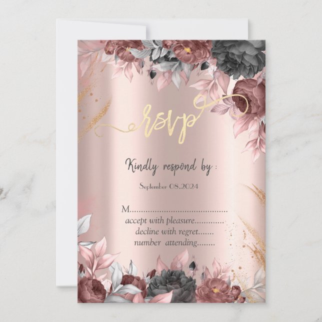 Invitation Fleurs Chic Fleurs Rouges Sombres Or Rose RSVP   (Devant)