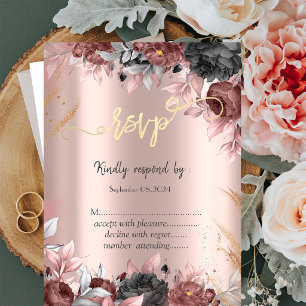 Invitation Fleurs Chic Fleurs Rouges Sombres Or Rose RSVP