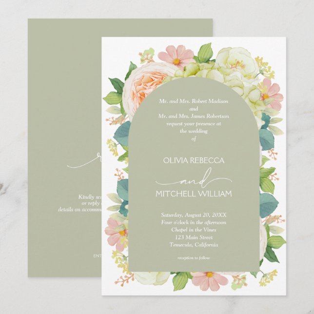 Invitation Fleurs Chic Mariage Tout en Un Vert Sauge (Devant / Derrière)