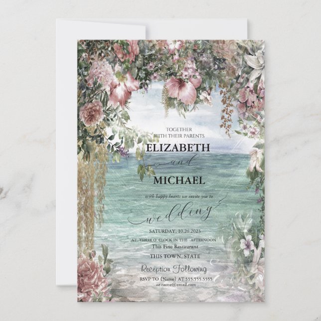 Invitation Fleurs Chic Océan Écriture Mariage (Devant)