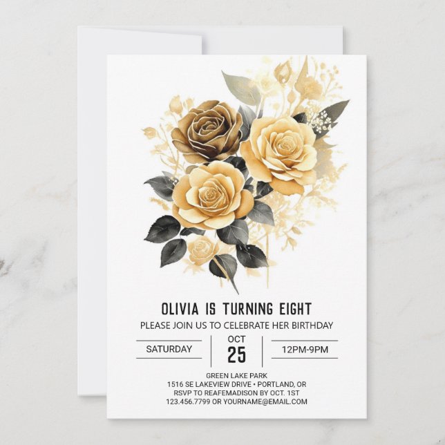 Invitation Fleurs Chic Or et Noir Anniversaire (Devant)