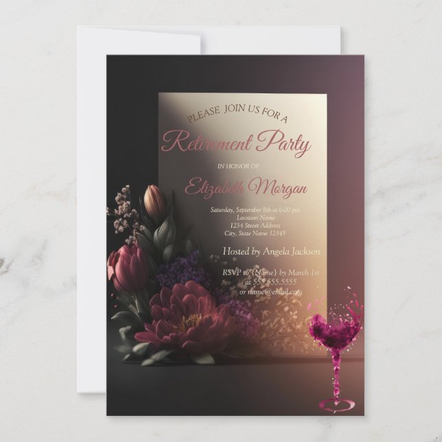 Invitation Fleurs Chic, Partie Retraite Verre Vin (Devant)