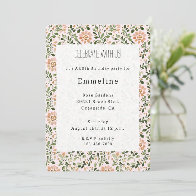 Invitation Fleurs Chic Rose Anniversaire (Debout devant)