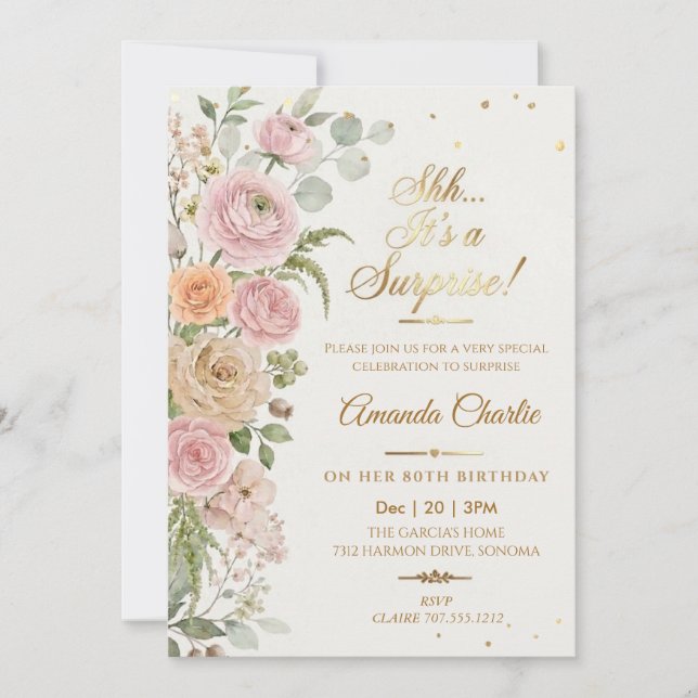 Invitation Fleurs Chut c'est une surprise Anniversaire (Devant)