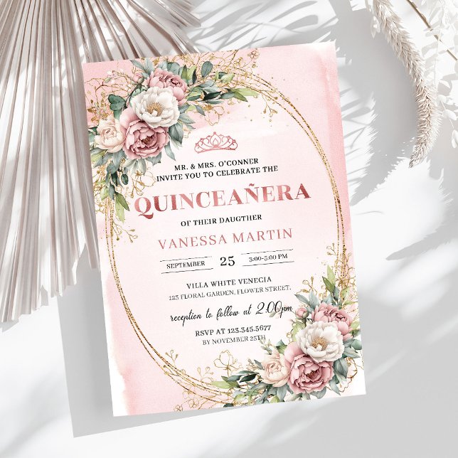 Invitation Fleurs Classiques de Couleur Rose Poussiéreux avec (Classic Dusty Pink Flowers Greenery Quinceañera)