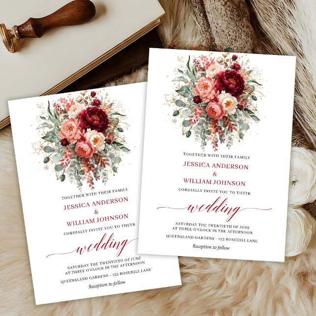 Invitation Fleurs Classiques de Marsala Verdure Mariage d'Aut (Classic Marsala Flowers Greenery Fall Wedding Invite

)
