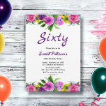 Invitation Fleurs colorées Botanique Floral 60e anniversaire<br><div class="desc">Cette élégante invitation à l'anniversaire fleuri est parfaite pour un anniversaire floral d'été moderne. Le design romantique présente des fleurs colorées d'aquarelle avec une élégante typographie noire et violette sur un arrière - plan blanc.</div>