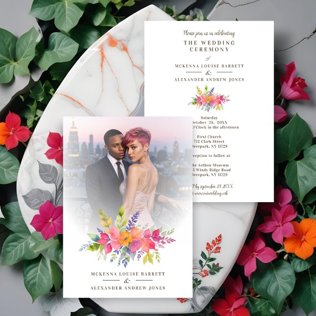 Invitation Fleurs colorées et Foliage de la Garland Photo (Cherish Colorful Flowers & Foliage Garland Photo Wedding Invitations Cards. )