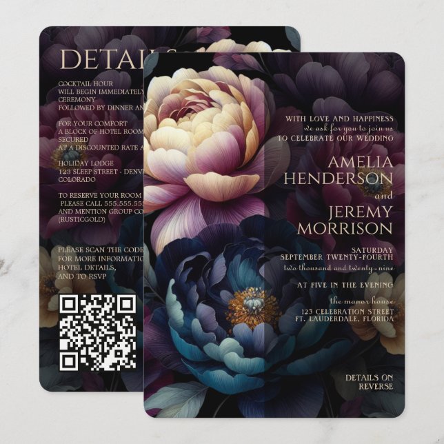 Invitation Fleurs colorées lunatiques avec code QR (Devant / Derrière)