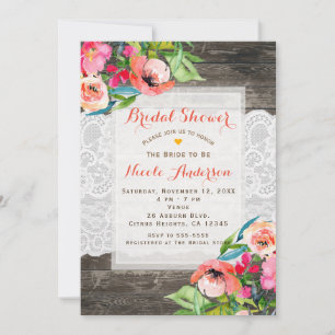 Invitation Fleurs colorées Moderne Floral Chic Bois & dentell