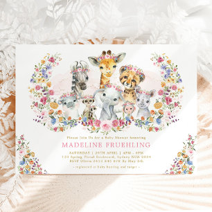 Invitation Fleurs colorées Safari Animaux Fille Baby shower