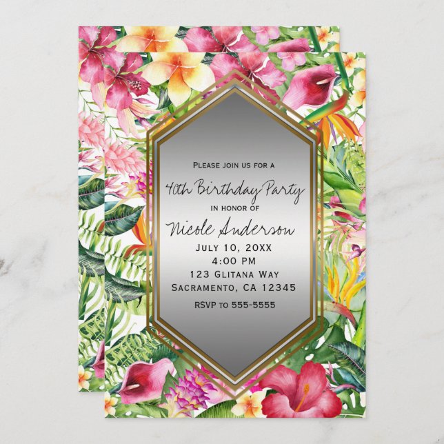 Invitation Fleurs colorées tropicales Anniversaire Fête N'imp (Devant / Derrière)
