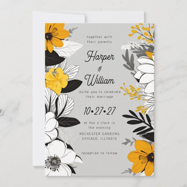 Invitation Fleurs contemporaines noir, blanc, jaune mariage (Devant)