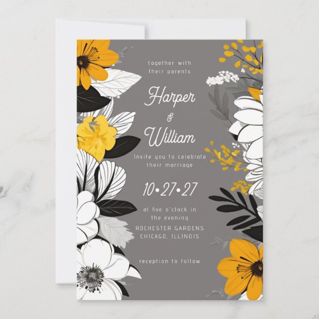 Invitation Fleurs contemporaines noir, blanc, jaune mariage (Devant)