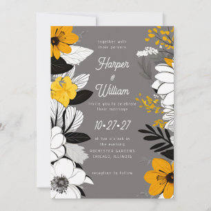 Invitation Fleurs contemporaines noir, blanc, jaune mariage