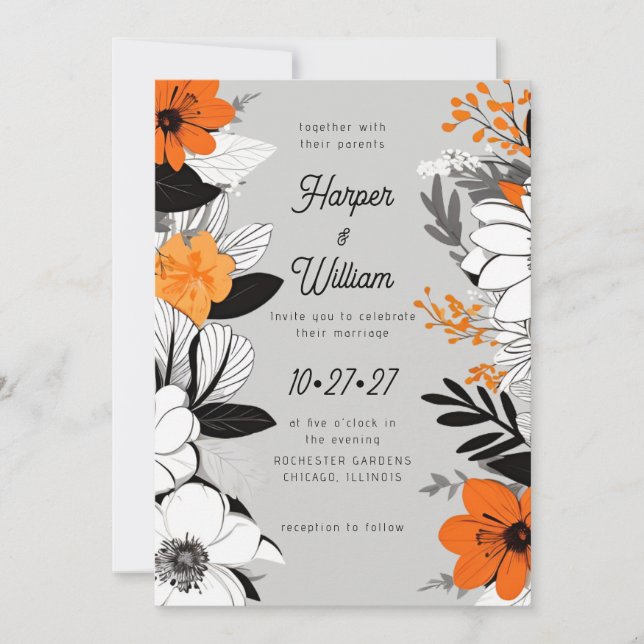 Invitation Fleurs contemporaines noir, blanc, orange mariage (Devant)