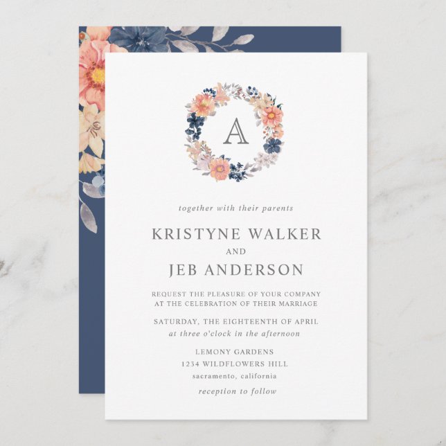 Invitation Fleurs corail et marine | Mariage d'aquarelle Mono (Devant / Derrière)