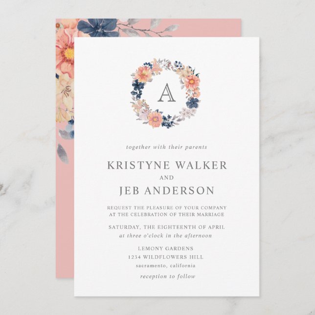 Invitation Fleurs corail et marine | Mariage d'aquarelle Mono (Devant / Derrière)