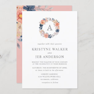 Invitation Fleurs corail et marine   Mariage d'aquarelle Mono