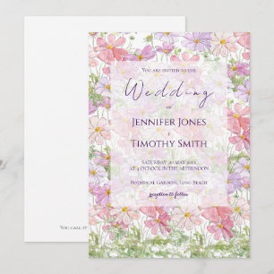 Invitation fleurs cosmos violettes et roses aquarelle