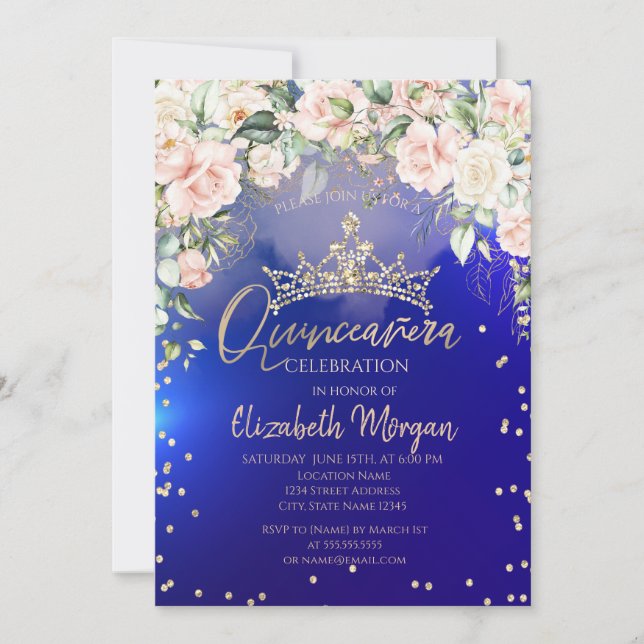 Invitation Fleurs Couronne de diamants dorés Bleu Quinceañera (Devant)