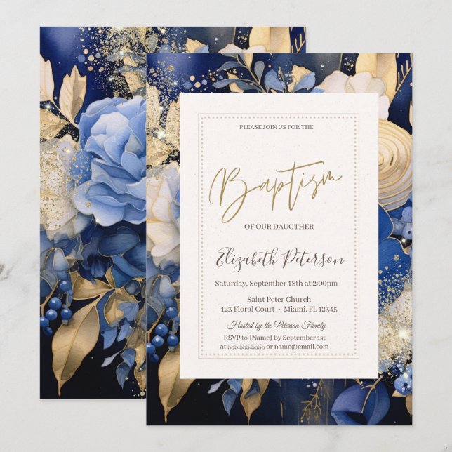 Invitation Fleurs Crème Bleu Marine Baptême (Devant / Derrière)