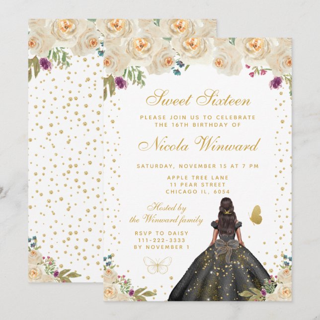 Invitation Fleurs Crème Princesse Sombre Peau Douze Ans Sucré (Devant / Derrière)