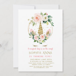 Invitation Fleurs Crème Rose Élégantes Licorne Anniversaire O