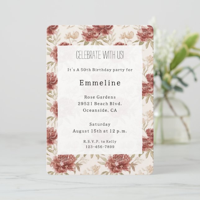 Invitation Fleurs Crème Rouge Anniversaire (Debout devant)