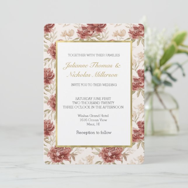 Invitation Fleurs Crème Rouges Mariage (Debout devant)