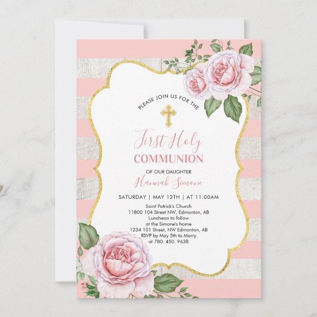 Invitation Fleurs & Croix | Première Sainte Communion de la F (Devant)
