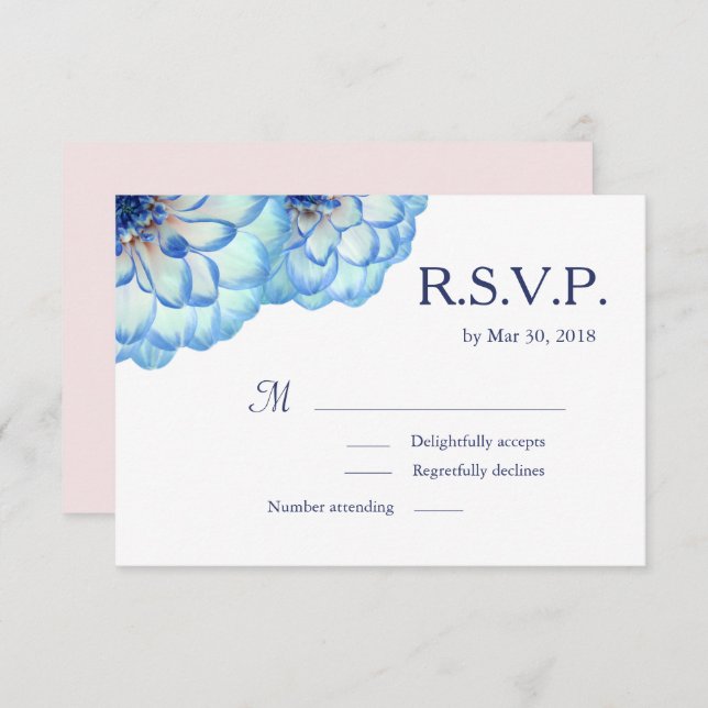 Invitation Fleurs Dahlia bleu blanc rose floral mariage RSVP (Devant / Derrière)