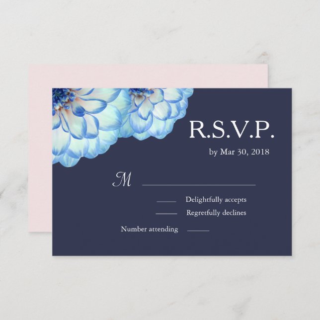 Invitation Fleurs Dahlia bleu marine blush mariage floral RSV (Devant / Derrière)