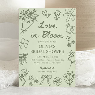 Invitation Fleurs d'amour Vert Sauge Mariage Dessiné à la Mai