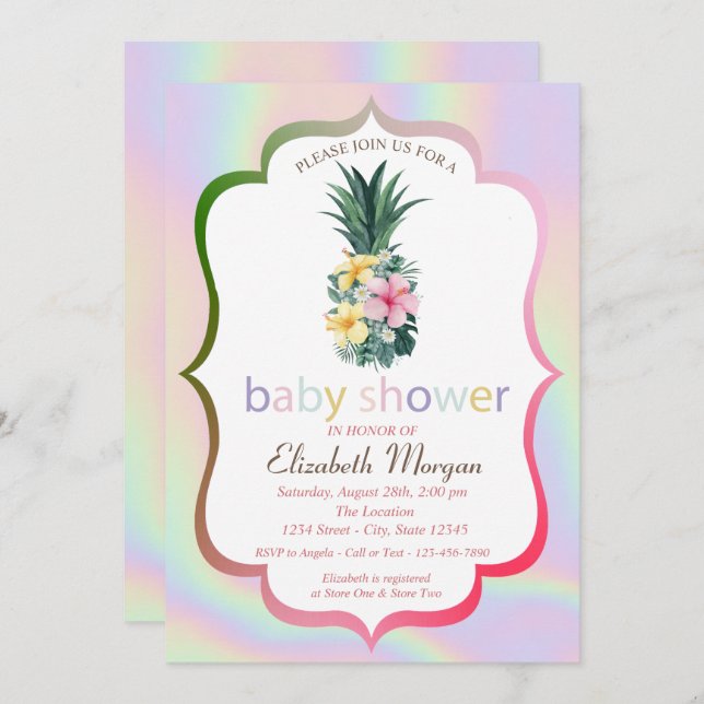 Invitation Fleurs d'ananas Baby shower holographique (Devant / Derrière)