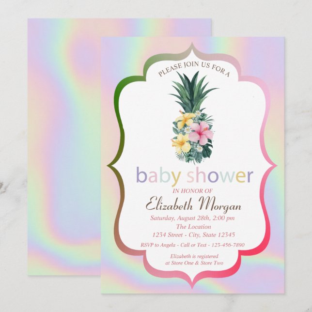Invitation Fleurs d'ananas holographiques Baby Shower (Devant / Derrière)