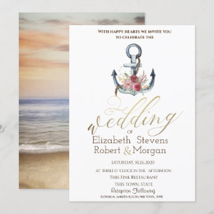 Invitation Fleurs d'ancre à l'aquarelle Mariage nautique