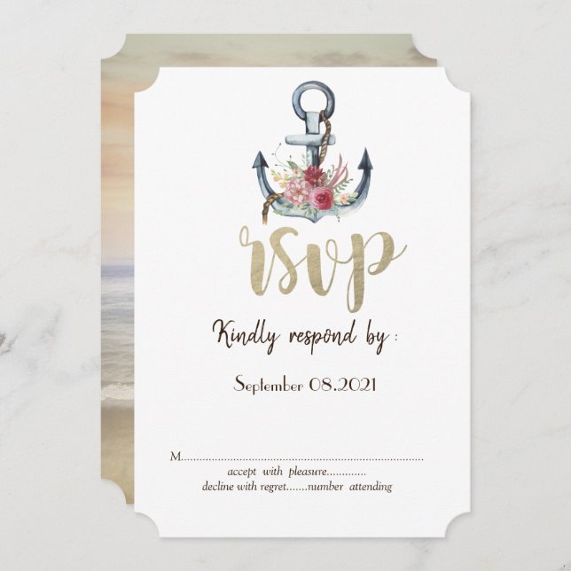 Invitation Fleurs d'ancre à l'aquarelle Réponse RSVP nautique (Devant / Derrière)