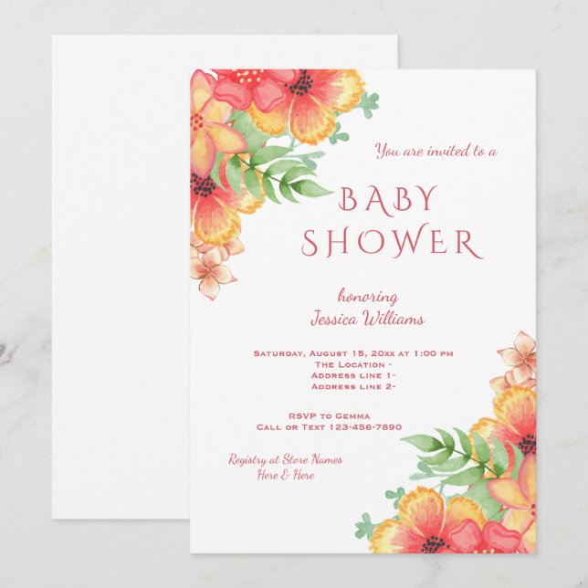Invitation Fleurs d'angle à l'aquarelle Chic pour Baby Shower (Devant / Derrière)