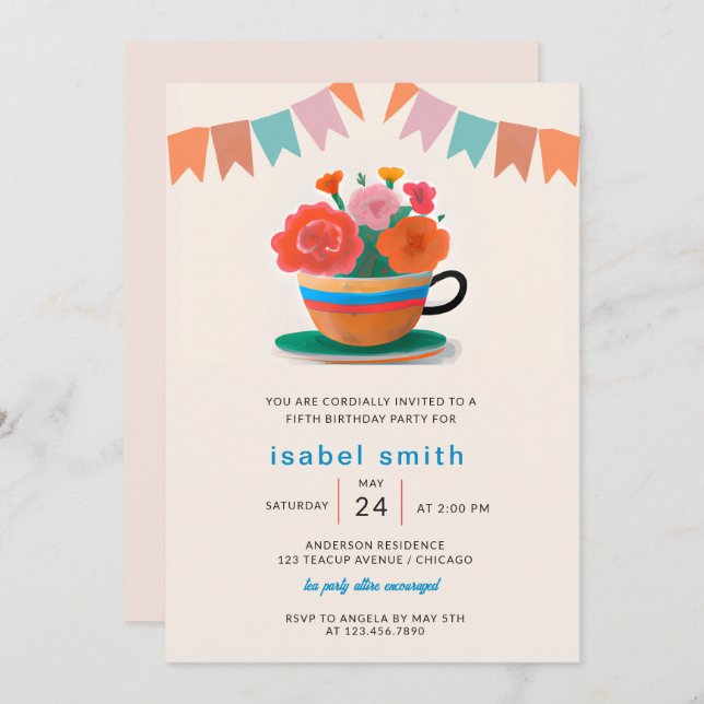 Invitation Fleurs dans un Teacup Anniversaire de enfant Party (Devant / Derrière)