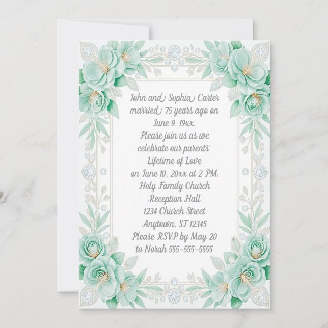 Invitation Fleurs d'Aqua et Diamants 75e Anniversaire (Devant)