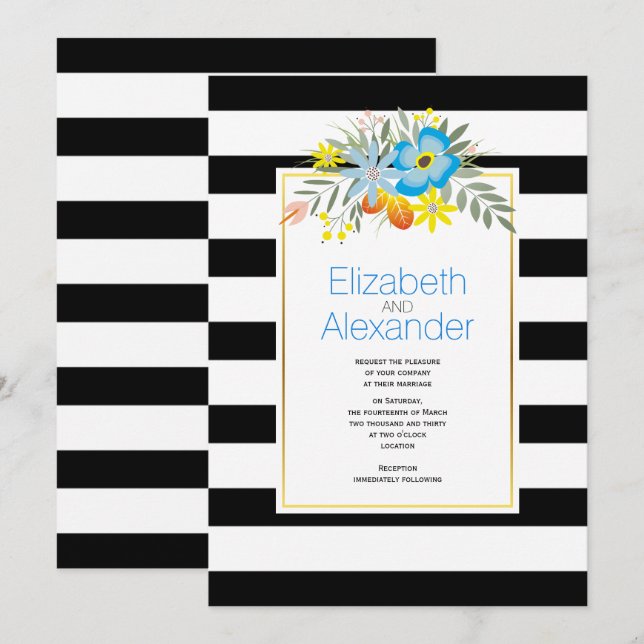 Invitation Fleurs d'Aqua, noir blanc rayures mariage (Devant / Derrière)