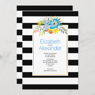 Invitation Fleurs d'Aqua, noir blanc rayures mariage