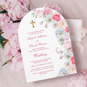 Invitation Fleurs d'aquarelle Arche Mariage Religieux