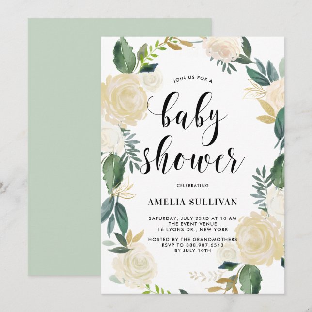 Invitation Fleurs d'aquarelle avec Baby showers de Parties sc (Devant / Derrière)