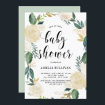 Invitation Fleurs d'aquarelle avec Baby showers de Parties sc<br><div class="desc">Invitation de baby shower élégante et fantaisiste avec motif floral à l'aquarelle avec fausse feuille d'or et faux accents parties scintillant or - il n'y a pas de véritable feuille d'or ou de parties scintillant. L'invitation à la couronne fleurie est parfaite pour les baby showers de printemps.</div>