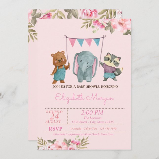 Invitation Fleurs d'aquarelle Baby shower pour bébés animaux (Devant / Derrière)