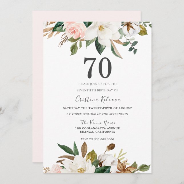 Invitation Fleurs d'aquarelle blanc et blanc 70e anniversaire (Devant / Derrière)