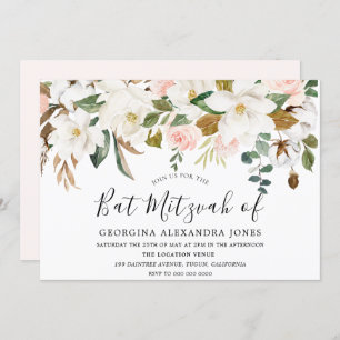 Invitation Fleurs d'aquarelle blanc et blanc Bat Mizvah
